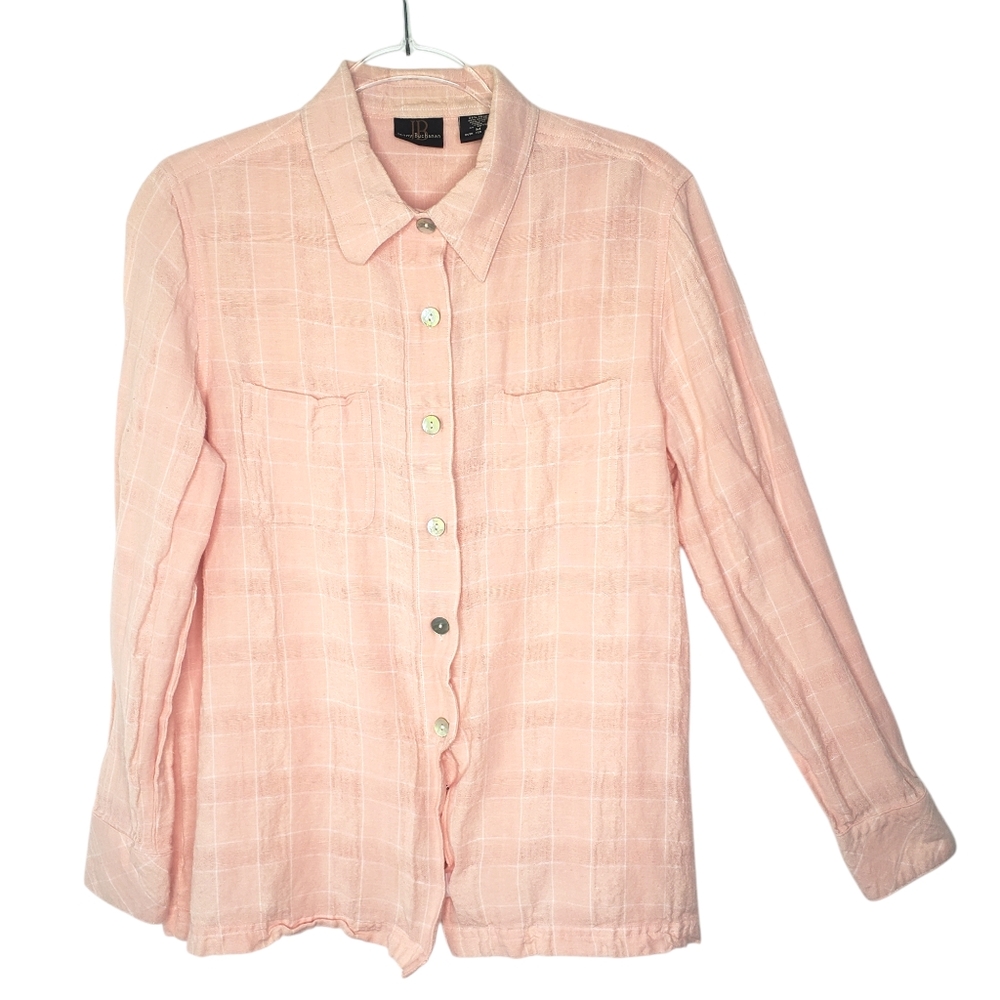 Jenny Buchanan Button Up Blouse Size M Pink Linen Blend Shell Buttons Coastal